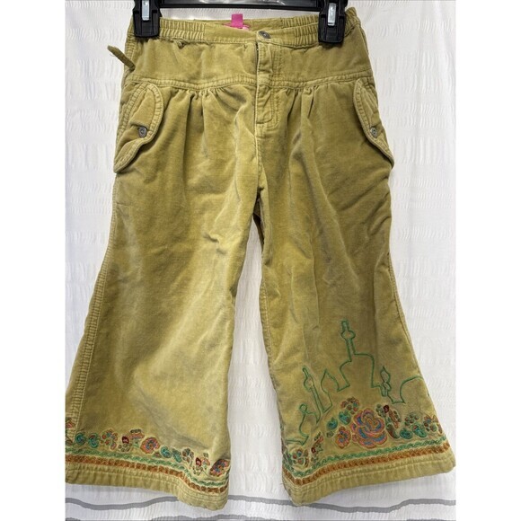 Oilily Velvet Pants Girls 104 (4) Green Flare Embroidered Y2K Hippie Cargo Soft - Picture 1 of 14